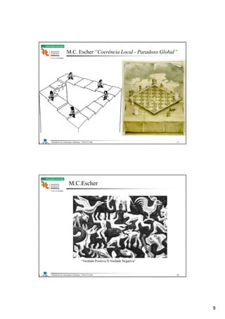 9
Laboratório de Automação e Robótica - ENE/FT/UnB
Faculdade de Tecnologia
M.C. Escher “Coerência Local - Paradoxo Global”
17
Laboratório de Automação e Robótica - ENE/FT/UnB
Faculdade de Tecnologia
M.C.Escher
“Verdade Positiva X Verdade Negativa”
18
 