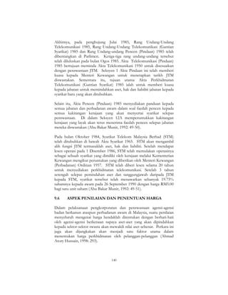 140
Akhirnya, pada penghujung Julai 1985, Rang Undang-Undang
Telekomunikasi 1985, Rang Undang-Undang Telekomunikasi (Gantian
Syarikat) 1985 dan Rang Undang-undang Pencen (Pindaan) 1985 telah
dibentangkan di Parlimen. Ketiga-tiga rang undang-undang tersebut
telah diluluskan pada bulan Ogos 1985. Akta Telekomunikasi (Pindaan)
1985 bertujuan meminda Akta Telekomunikasi 1950 untuk disesuaikan
dengan penswastaan JTM. Seksyen 1 Akta Pindaan ini telah memberi
kuasa kepada Menteri Kewangan untuk menetapkan tarikh JTM
diswastakan. Sementara itu, tujuan utama Akta Perkhidmatan
Telekomunikasi (Gantian Syarikat) 1985 ialah untuk memberi kuasa
kepada jabatan untuk memindahkan aset, hak dan liabiliti jabatan kepada
syarikat baru yang akan ditubuhkan.
Selain itu, Akta Pencen (Pindaan) 1985 menyediakan panduan kepada
semua jabatan dan perbadanan awam dalam soal faedah pencen kepada
semua kakitangan kerajaan yang akan menyertai syarikat selepas
penswastaan. Di dalam Seksyen 12A memperuntukkan kakitangan
kerajaan yang layak akan terus menerima faedah pencen selepas jabatan
mereka diswastakan (Abu Bakar Munir, 1992: 49-50).
Pada bulan Oktober 1984, Syarikat Telekom Malaysia Berhad (STM)
telah ditubuhkan di bawah Akta Syarikat 1965. STM akan mengambil
alih fungsi JTM termasuklah aset, hak dan liabiliti. Setelah mendapat
lesen operasi pada 1 Disember 1986, STM telah memulakan operasinya
sebagai sebuah syarikat yang dimiliki oleh kerajaan melalui Kementerian
Kewangan mengikut peruntukan yang diberikan oleh Menteri Kewangan
(Perbadanan) Ordinan 1957. STM telah diberi lesen selama 20 tahun
untuk menyediakan perkhidmatan telekomunikasi. Setelah 3 tahun
setengah selepas pemindahan aset dan tanggungjawab daripada JTM
kepada STM, syarikat tersebut telah menawarkan sebanyak 19.75%
sahamnya kepada awam pada 26 September 1990 dengan harga RM5.00
bagi satu unit saham (Abu Bakar Munir, 1992: 49-51).
9.6 ASPEK PENILAIAN DAN PENENTUAN HARGA
Dalam pelaksanaan pengkorporatan dan penswastaan agensi-agensi
badan berkanun ataupun perbadanan awam di Malaysia, suatu penilaian
menyeluruh mengenai harga hendaklah ditentukan dengan berhati-hati
oleh agensi-agensi berkenaan supaya aset-aset yang akan dipindahkan
kepada sektor-sektor swasta akan mewakili nilai aset sebenar. Perkara ini
juga akan dijangkakan akan menjadi satu faktor utama dalam
menentukan harga perkhidmatan oleh pelanggan-pelanggan (Ahmad
Atory Hussain, 1998: 293).
 