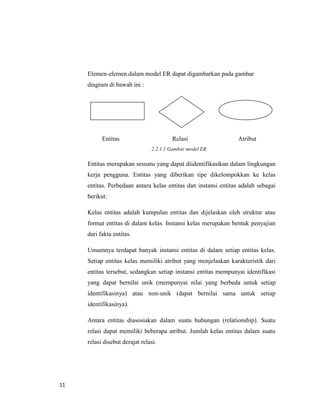 11
Elemen-elemen dalam model ER dapat digambarkan pada gambar
diagram di bawah ini :
Entitas Relasi Atribut
2.2.1.1 Gambar model ER
Entitas merupakan sesuatu yang dapat diidentifikasikan dalam lingkungan
kerja pengguna. Entitas yang diberikan tipe dikelompokkan ke kelas
entitas. Perbedaan antara kelas entitas dan instansi entitas adalah sebagai
berikut:
Kelas entitas adalah kumpulan entitas dan dijelaskan oleh struktur atau
format entitas di dalam kelas. Instansi kelas merupakan bentuk penyajian
dari fakta entitas.
Umumnya terdapat banyak instansi entitas di dalam setiap entitas kelas.
Setiap entitas kelas memiliki atribut yang menjelaskan karakteristik dari
entitas tersebut, sedangkan setiap instansi entitas mempunyai identifikasi
yang dapat bernilai unik (mempunyai nilai yang berbeda untuk setiap
identifikasinya) atau non-unik (dapat bernilai sama untuk setiap
identifikasinya).
Antara entitas diasosiakan dalam suatu hubungan (relationship). Suatu
relasi dapat memiliki beberapa atribut. Jumlah kelas entitas dalam suatu
relasi disebut derajat relasi.
 