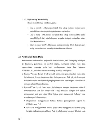 12
2.2.2 Tipe Binary Relationship
Relasi memiliki tiga tipe biner, yaitu :
 One-to-one (1:1). Hubungan terjadi bila setiap instansi entitas hanya
memiliki satu hubungan dengan instansi entitas lain.
 One-to-many (1:M). Relasi ini terjadi bila setiap instansi entitas dapat
memiliki lebih dari satu hubungan terhadap instansi entitas lain tetapi
tidak kebalikannya..
 Many-to-many (M:N). Hubungan saling memiliki lebih dari satu dari
setiap instansi entitas terhadap instansi entitas lainnya.
2.3 Arsitektur Basis Data
Sebuah basis data memiliki penjelasan terstruktur dari jenis fakta yang tersimpan
di dalamnya, penjelasan ini disebut skema. Arsitektur sistem basis data
memberikan kerangka kerja bagi pembangunan basis data. Menurut
ANSI/SPARC, arsitektur basis data terbagi atas tiga level yaitu :
a. Internal/Physical Level: level terendah untuk merepresentasikan basis data,
berhubungan dengan bagaimana data disimpan secara fisik (physical storage).
Record disimpan dalam media penyimpanan dalam format byte. Didefinisikan
sebagai sebuah Skema Internal.
b. External/View Level: level user, berhubungan dengan bagaimana data di
representasikan dari sisi setiap user. Yang dimaksud dengan user adalah
programmer, end user atau DBA. Setiap user mempunyai ‘bahasa’ yang
sesuai dengan kebutuhannya.
 Programmer menggunakan bahasa bahasa pemrograman seperti C,
COBOL, atau PL/I
 End User menggunakan bahasa query atau menggunakan fasilitas yang
tersedia pada program aplikasi. Pada level eksternal ini, user dibatasi pada
 