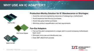 Interconnect Systems Confidential Information
© Interconnect Systems – All Rights Reserved. Unauthorized Reproduction/Distribution is Prohibited.
WHY USE AN IC ADAPTER?
3
Production-Worthy Solution for IC Obsolescence or Shortages:
• Avoid the cost and engineering resources of redesigning a motherboard
• Avoid expensive last-time buy purchases
• Avoid risky gray-market purchases
• Minimize product requalification and test requirements
Fan-Out Adapters
• Fan-out fine pitch components to a larger pitch to avoid increasing motherboard
layer count
• Eliminate micro-vias and blind/buried vias
• Ease SMT attachment process
TSOP to SOJ
BGA Fanout Adapter
Multi IC to QFP
 
