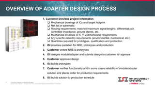 Interconnect Systems Confidential Information
© Interconnect Systems – All Rights Reserved. Unauthorized Reproduction/Distribution is Prohibited.
OVERVIEW OF ADAPTER DESIGN PROCESS
6
1. Customer provides project information
 Mechanical drawings of ICs and target footprint
 Net list or schematic
 Routing requirements; matched/maximum signal lengths, differential pair,
controlled impedance, ground planes, etc.
 Mechanical envelope or X, Y, Z dimensional requirements
 Any specific reliability requirements (environmental, mechanical, etc.)
 Quantities required for prototypes, qualification and production
2. ISI provides quotation for NRE, prototypes and production
3. Customer orders NRE & prototypes
4. ISI designs module/adapter and submits design to customer for approval
5. Customer approves design
6. ISI builds prototypes
7. Customer verifies functionality and in some cases reliability of module/adapter
solution and places order for production requirements
8. ISI builds solution to production schedule
 
