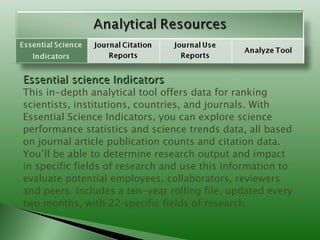 Essential science Indicators This in-depth analytical tool offers data for ranking scientists, institutions, countries, and journals. With Essential Science Indicators, you can explore science performance statistics and science trends data, all based on journal article publication counts and citation data. You’ll be able to determine research output and impact in specific fields of research and use this information to evaluate potential employees, collaborators, reviewers and peers. Includes a ten-year rolling file, updated every two months, with 22 specific fields of research. 