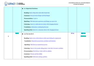 UNIVERSIDAD PRIVADA ANTENOR ORREGO
CENTRO DE IDIOMAS
● 2.1 Important decisions
Reading: Read a blog about achievable bucket lists
Grammar: Present Perfect Simple and Past Simple
Pronunciation: ‘s and ‘ve
Speaking: Talk about past experiences and things you want to do
Listening: Listen to a radio interview about a life-changing decision
Vocabulary: Collocations: making big decisions
Speaking Hub: Interview a classmate about a life-changing decision
5
04/07
● 2.2 You can do it
Reading: Read a news article about an older man looking for employment
Vocabulary: Dependent prepositions, problems and solutions
Speaking: Talk about an inspirational person
Listening: Listen to four people talking about a time they overcame a problem
Pronunciation: Word Stress: Verbs with two syllables
Grammar: Present and Past Ability
Speaking Hub: Talk about solving a problem
18-23 Quiz 01
(Unit 01)
 