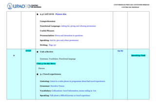 UNIVERSIDAD PRIVADA ANTENOR ORREGO
CENTRO DE IDIOMAS
● 2.3 CAFÉ HUB - Picture this
Comprehension
Functional Language: Asking for, giving and refusing permission
Useful Phrases
Pronunciation: Stress and intonation in questions
Speaking: Ask for, give and refuse permission
Writing - Page 157
6
07/07
● Unit 2 Review
Grammar, Vocabulary, Functional language
Unit 3: On the Move
Discuss
● 3.1 Travel experiences
Listening: Listen to a radio phone-in programme about bad travel experiences
Grammar: Narrative Tenses
Vocabulary: Collocations: travel information, nouns ending in -ion
Speaking: Talk about a difficult journey or travel experience
24-29
Speaking Task
 