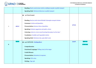 UNIVERSIDAD PRIVADA ANTENOR ORREGO
CENTRO DE IDIOMAS
Reading: Read a social science article on talking to people on public transport
Speaking Hub: Talk about behaviour on public transport
7 08/07
● 3.2 Travel smart
Reading: Read an article about Helsinki’s Kutsuplus transport scheme
Grammar: Articles and Quantifiers
Pronunciation: Sentence Stress: Quantifiers
Speaking: Evaluate suggestions and justify a choice
Listening: Listen to a town council meeting discussing “car-free days”
Vocabulary: Gradable and Ungradable Articles
Speaking Hub: Talk about why a plan didn’t work.
30-33
8
09/07
● 3.3 CAFÉ HUB - Getting there
Comprehension
Functional Language: Telling a story in five stages
Useful Phrases
Pronunciation: Intonation in responses
Speaking: Tell a story
Writing - Page 158
34-36 Quiz 02
(Unit 02)
 