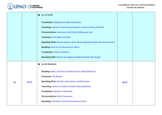UNIVERSIDAD PRIVADA ANTENOR ORREGO
CENTRO DE IDIOMAS
● 5.1 At work
Vocabulary: Employment skills and qualities
Listening: Listen to a conversation between a career’s advisor and client
Pronunciation: Intonation and rhythm: holding your turn
Grammar: Past habits and states
Speaking Hub: Discuss and give advice about employment skills and career interests
Reading: Read at text about modern offices
Vocabulary: Verbs of influence
Speaking Hub: Discuss and suggest workplace benefits and changes
13 16/07
● 5.2 In business
Reading: Read a text about a business that is selling bottled air
Grammar: The Passive
Speaking Hub: Describe and evaluate a small business
Listening: Listen to a business podcast about marketing
Vocabulary: Business Collocations
Pronunciation: Silent Consonants
Speaking: Talk about environmental business ideas
54-57
 