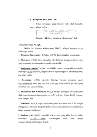 5
1.6.7 Menghapus Field pada Tabel
Untuk menghapus field (kolom) pada tabel digunakan
query sebagai berikut :
Gambar 1.11 Query Menghapus Kolom pada Tabel
1.7 Keistimewaan MySQL
Berikut ini beberapa keistimewaan MySQL sebagai database server
diantaranya adalah :
1. Perangkat lunak sumber terbuka. MySQL dapat digunakan secara gratis.
2. Multi-user. MySQL dapat digunakan oleh beberapa pengguna dalam waktu
yang bersamaan tanpa mengalami masalah atau konflik.
3. ‘Performance tuning’, MySQL memiliki kecepatan yang menakjubkan dalam
menangani query sederhana, dengan kata lain dapat memproses lebih banyak SQL
per satuan waktu.
5. Keamanan. MySQL memiliki beberapa lapisan keamanan seperti
level subnetmask, nama host, dan izin akses user dengan sistem perizinan yang
mendetail serta sandi terenkripsi.
6. Skalabilitas dan Pembatasan. MySQL mampu menangani basis data dalam
skala besar, dengan jumlah rekaman (records) lebih dari 50 juta dan 60 ribu tabel
serta 5 milyar baris.
7. Lokalisasi. MySQL dapat mendeteksi pesan kesalahan pada klien dengan
menggunakan lebih dari dua puluh bahasa. Meski pun demikian, bahasa Indonesia
belum termasuk di dalamnya.
8. Struktur tabel. MySQL memiliki struktur tabel yang lebih fleksibel dalam
menangani ALTER TABLE, dibandingkan basis data lainnya
semacam PostgreSQL ataupun Oracle.
Alter table nam_table Drop
nama_field ;
 