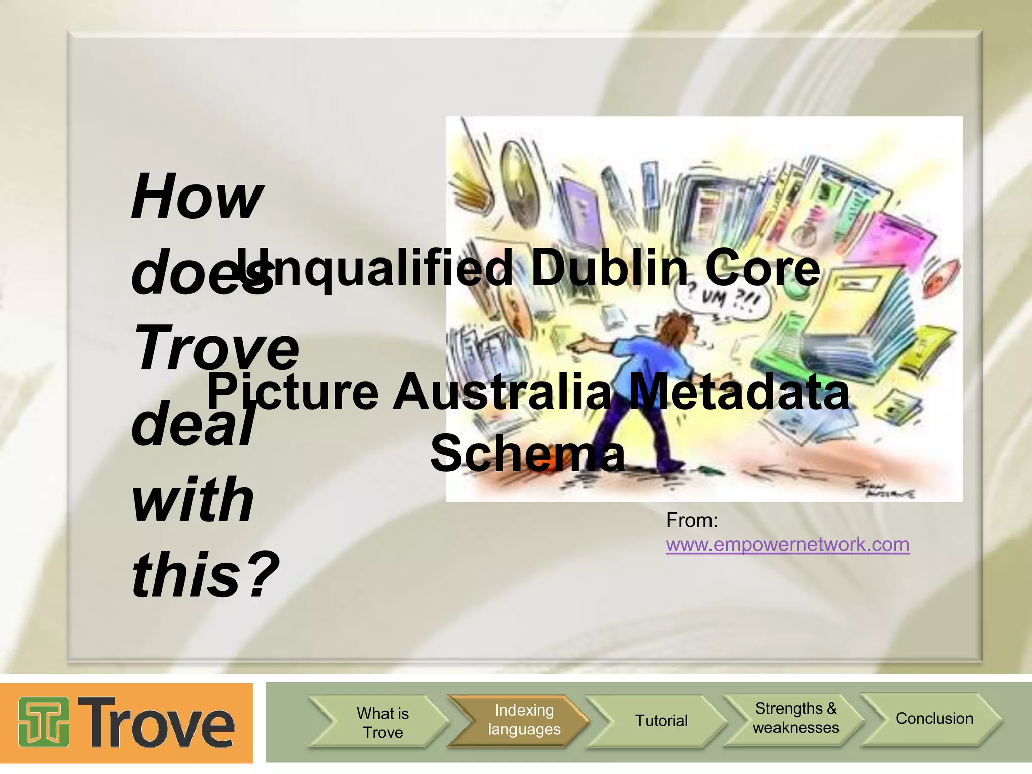 How
Unqualified Dublin Core
does
Trove
Picture Australia Metadata
deal
Schema
with
this?

From:
www.empowernetwork.com

What is
Trove

Indexing
languages

Tutorial

Strengths &
weaknesses

Conclusion

 