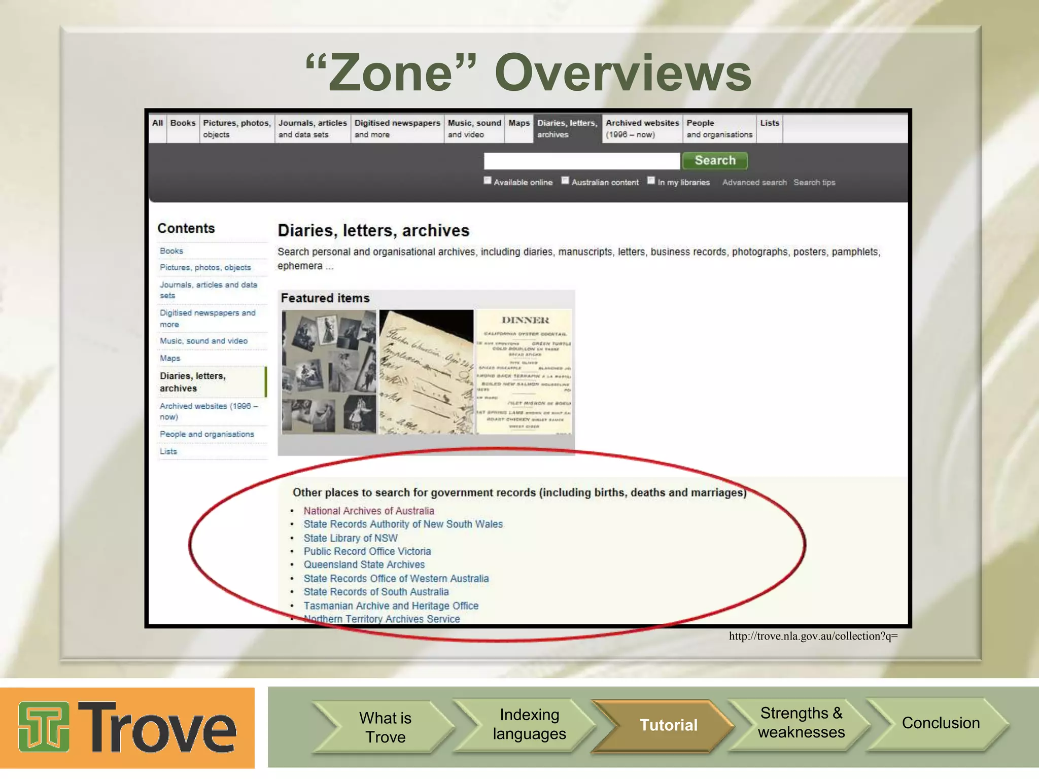 “Zone” Overviews

http://trove.nla.gov.au/collection?q=

What is
Trove

Indexing
languages

Tutorial

Strengths &
weaknesses

Conclusion

 