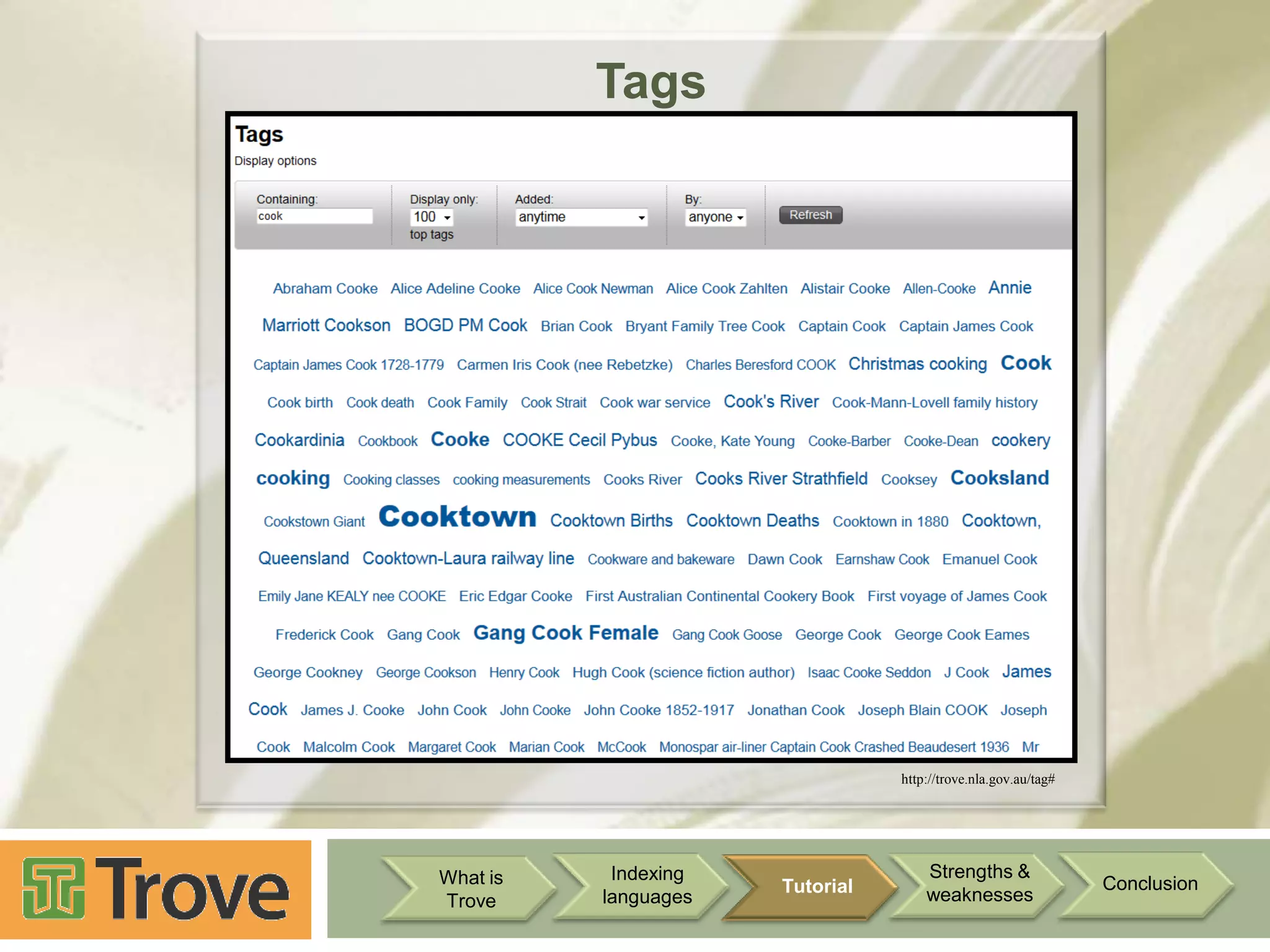 Tags

http://trove.nla.gov.au/tag#

What is
Trove

Indexing
languages

Tutorial

Strengths &
weaknesses

Conclusion

 