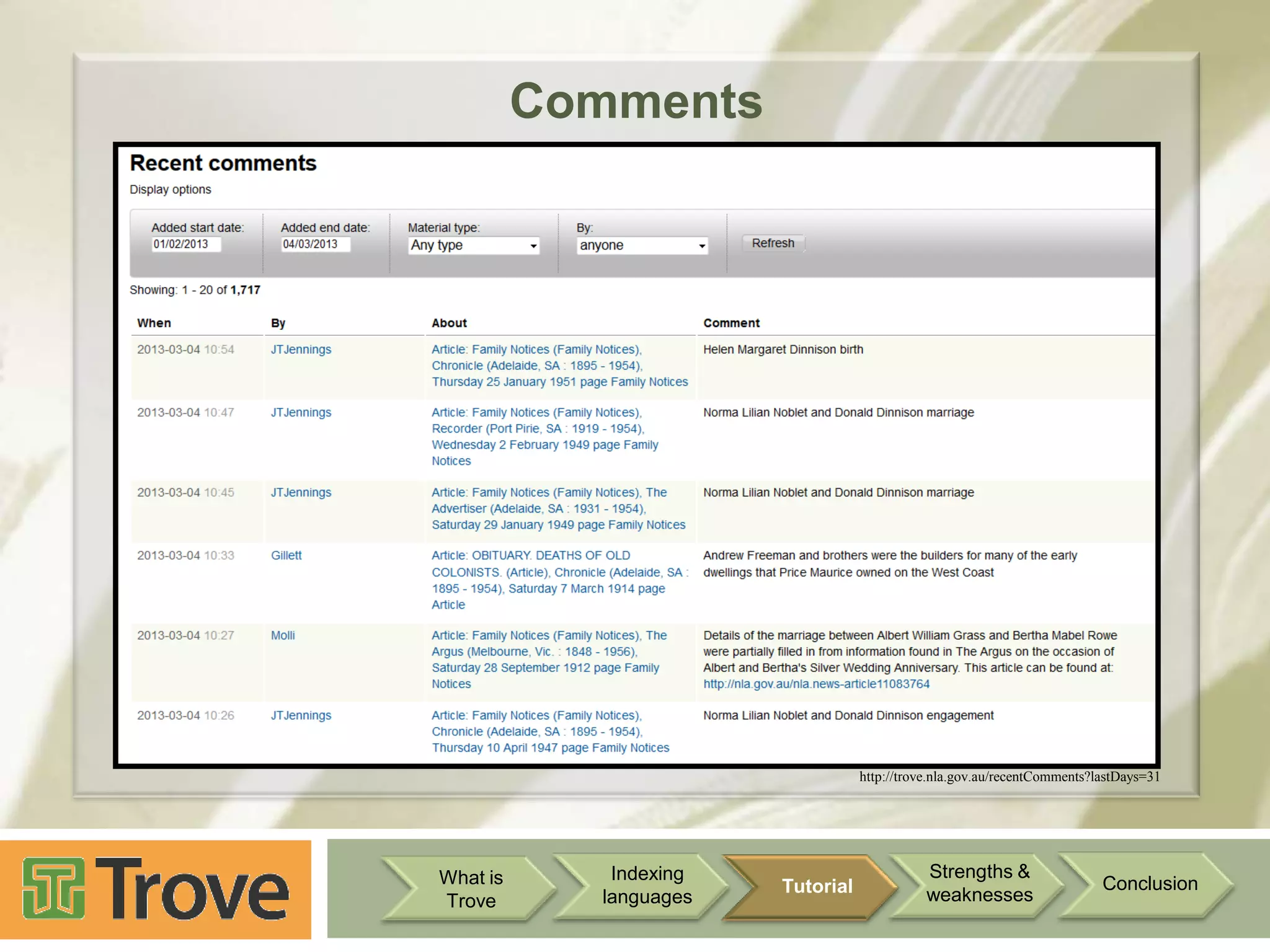 Comments

http://trove.nla.gov.au/recentComments?lastDays=31

What is
Trove

Indexing
languages

Tutorial

Strengths &
weaknesses

Conclusion

 
