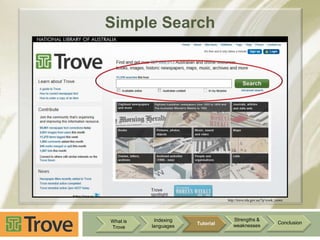 Simple Search

http://trove.nla.gov.au/?q=cook, james

What is
Trove

Indexing
languages

Tutorial

Strengths &
weaknesses

Conclusion

 