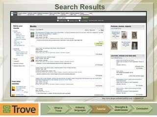 Search Results

http://trove.nla.gov.au/book/result?q=cook+%28james%29

What is
Trove

Indexing
languages

Tutorial

Strengths &
weaknesses

Conclusion

 