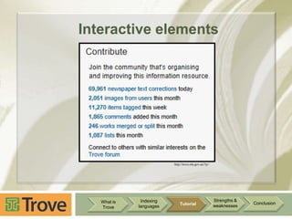 Interactive elements

http://trove.nla.gov.au/?q=

What is
Trove

Indexing
languages

Tutorial

Strengths &
weaknesses

Conclusion

 