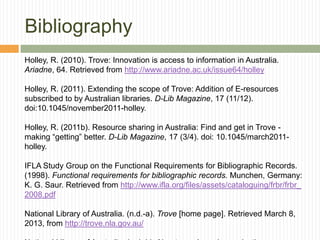 Bibliography
Holley, R. (2010). Trove: Innovation is access to information in Australia.
Ariadne, 64. Retrieved from http://www.ariadne.ac.uk/issue64/holley
Holley, R. (2011). Extending the scope of Trove: Addition of E-resources
subscribed to by Australian libraries. D-Lib Magazine, 17 (11/12).
doi:10.1045/november2011-holley.
Holley, R. (2011b). Resource sharing in Australia: Find and get in Trove making “getting” better. D-Lib Magazine, 17 (3/4). doi: 10.1045/march2011holley.
IFLA Study Group on the Functional Requirements for Bibliographic Records.
(1998). Functional requirements for bibliographic records. Munchen, Germany:
K. G. Saur. Retrieved from http://www.ifla.org/files/assets/cataloguing/frbr/frbr_
2008.pdf
National Library of Australia. (n.d.-a). Trove [home page]. Retrieved March 8,
2013, from http://trove.nla.gov.au/

 