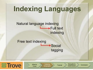 Indexing Languages
Natural language indexing
Full text
indexing
Free text indexing
Social
tagging

What is
Trove

Indexing
languages

Tutorial

Strengths &
weaknesses

Conclusion

 