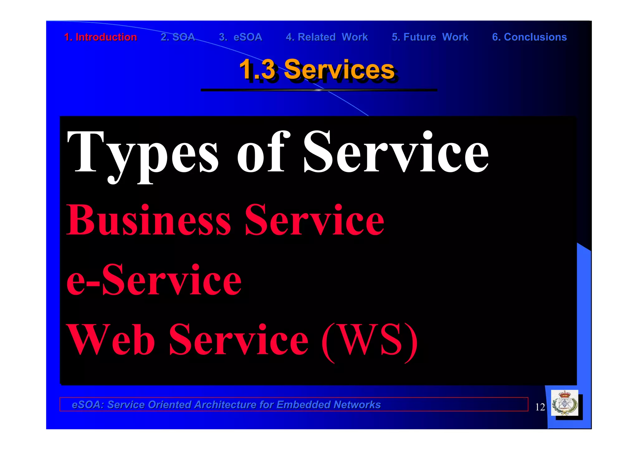 1. Introduction   2. SOA    3. eSOA     4. Related Work      5. Future Work   6. Conclusions


                               1.3 Services
                               1.3 Services


Types of Service
Business Service
e-Service
Web Service (WS)
 eSOA: Service Oriented Architecture for Embedded Networks                           12
 