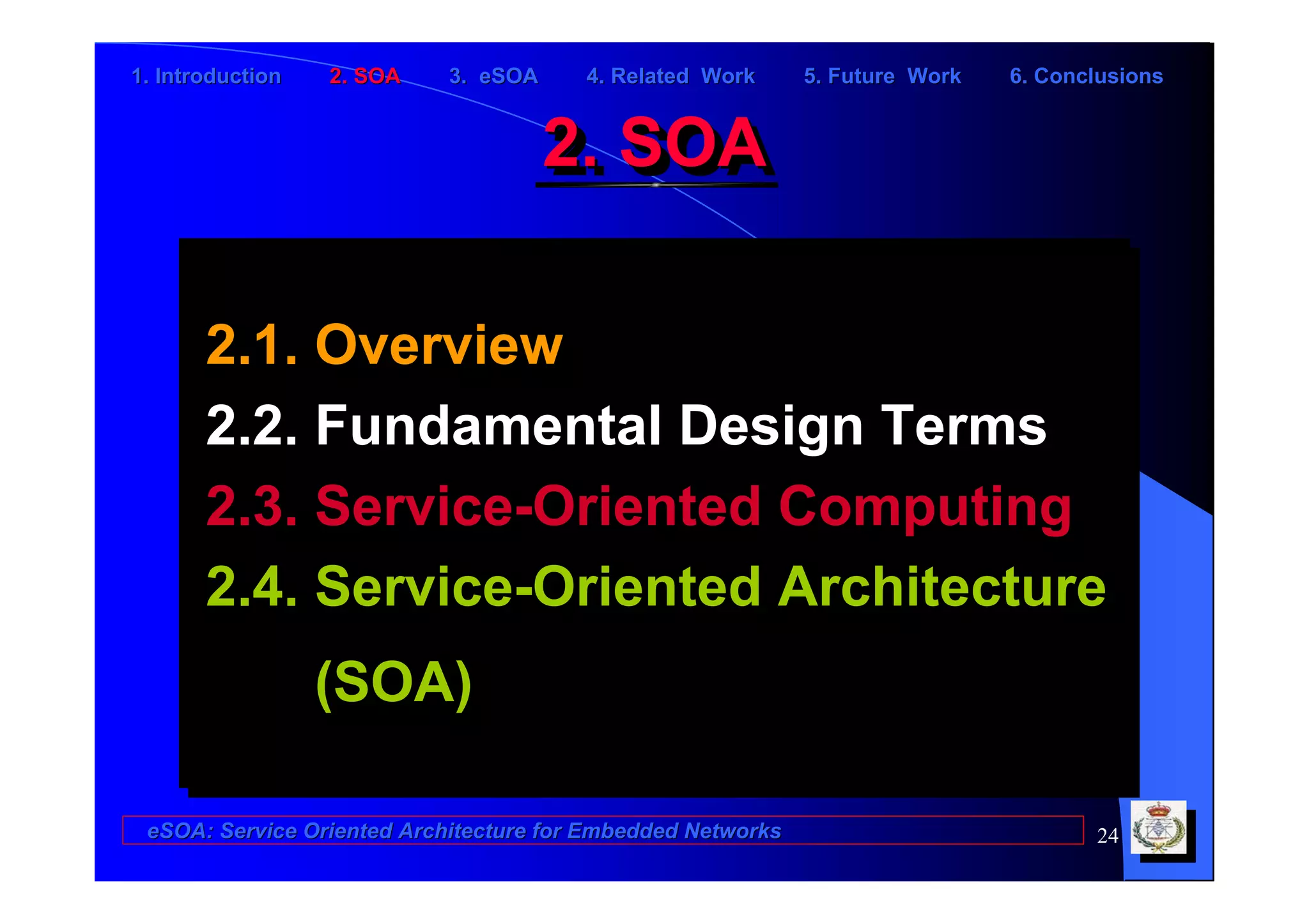 1. Introduction   2. SOA    3. eSOA     4. Related Work      5. Future Work   6. Conclusions


                                      2. SOA
                                      2. SOA

       2.1. Overview
       2.1. Overview
       2.2. Fundamental Design Terms
       2.2. Fundamental Design Terms
       2.3. Service-Oriented Computing
       2.3. Service-Oriented Computing
       2.4. Service-Oriented Architecture
       2.4. Service-Oriented Architecture
                  (SOA)
                   (SOA)

 eSOA: Service Oriented Architecture for Embedded Networks                           24
 