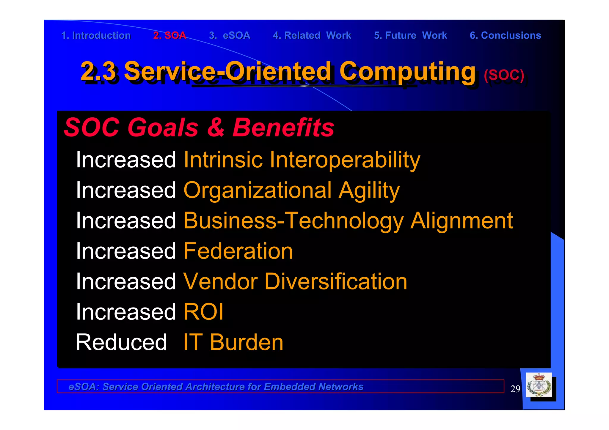 1. Introduction   2. SOA    3. eSOA     4. Related Work      5. Future Work   6. Conclusions



    2.3 Service-Oriented Computing (SOC)
    2.3 Service-Oriented Computing (SOC)

SOC Goals & Benefits
   Increased Intrinsic Interoperability
   Increased Organizational Agility
   Increased Business-Technology Alignment
   Increased Federation
   Increased Vendor Diversification
   Increased ROI
   Reduced IT Burden
 eSOA: Service Oriented Architecture for Embedded Networks                           29
 