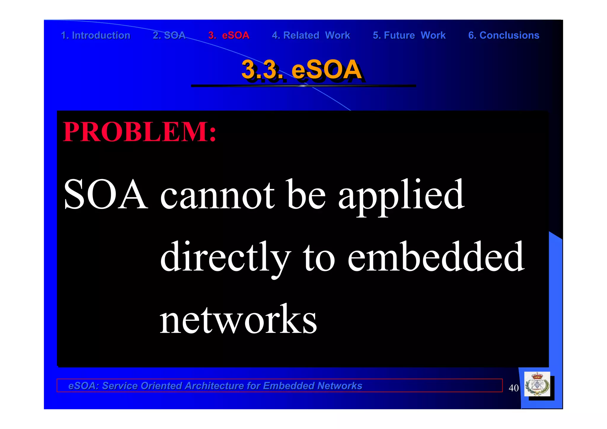 1. Introduction   2. SOA    3. eSOA     4. Related Work      5. Future Work   6. Conclusions


                                  3.3. eSOA
                                  3.3. eSOA

PROBLEM:

SOA cannot be applied
    directly to embedded
    networks
 eSOA: Service Oriented Architecture for Embedded Networks                           40
 