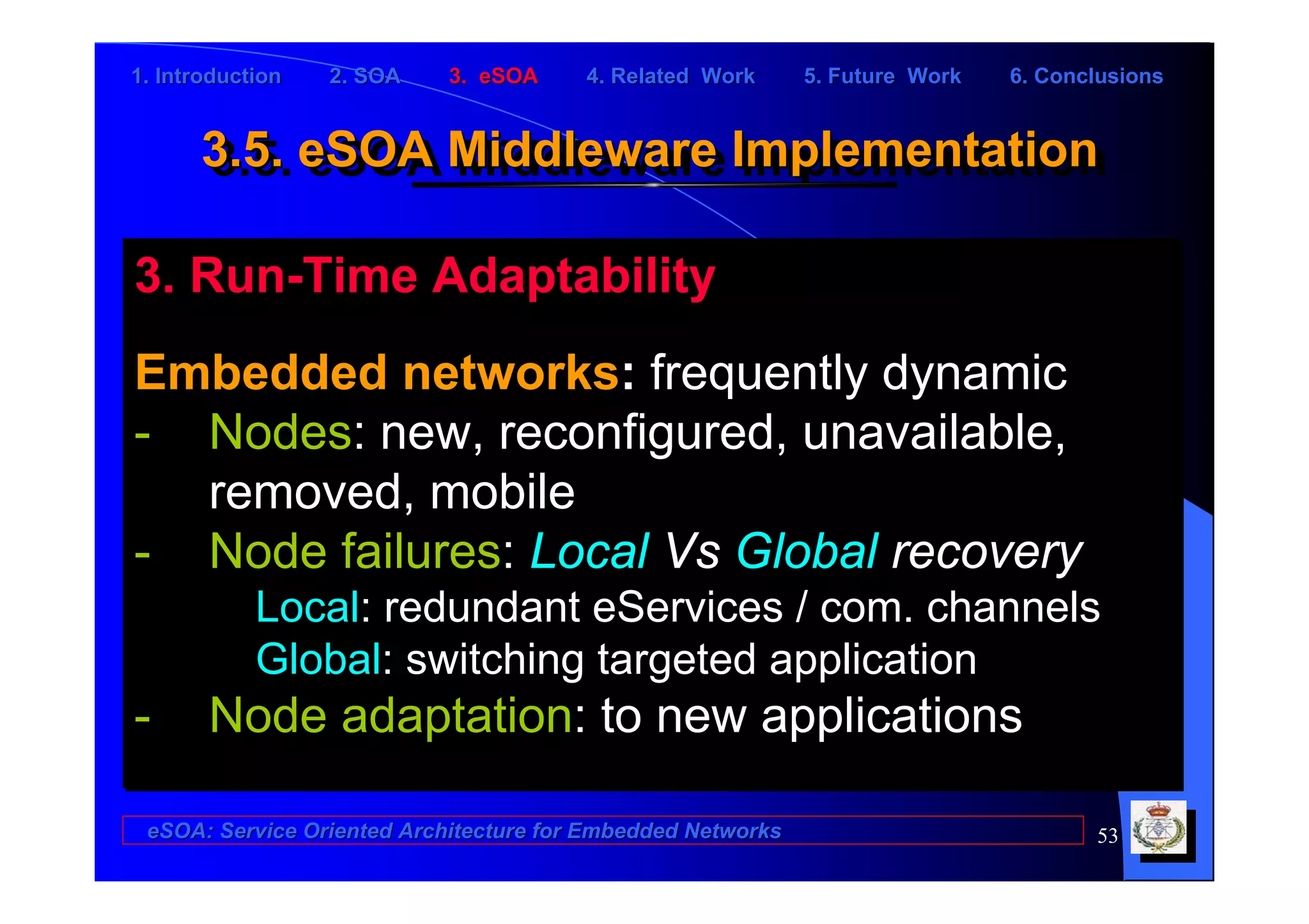 1. Introduction   2. SOA    3. eSOA     4. Related Work      5. Future Work   6. Conclusions


      3.5. eSOA Middleware Implementation
      3.5. eSOA Middleware Implementation

3. Run-Time Adaptability
Embedded networks: frequently dynamic
- Nodes: new, reconfigured, unavailable,
  removed, mobile
- Node failures: Local Vs Global recovery
            Local: redundant eServices / com. channels
            Global: switching targeted application
-      Node adaptation: to new applications

 eSOA: Service Oriented Architecture for Embedded Networks                           53
 