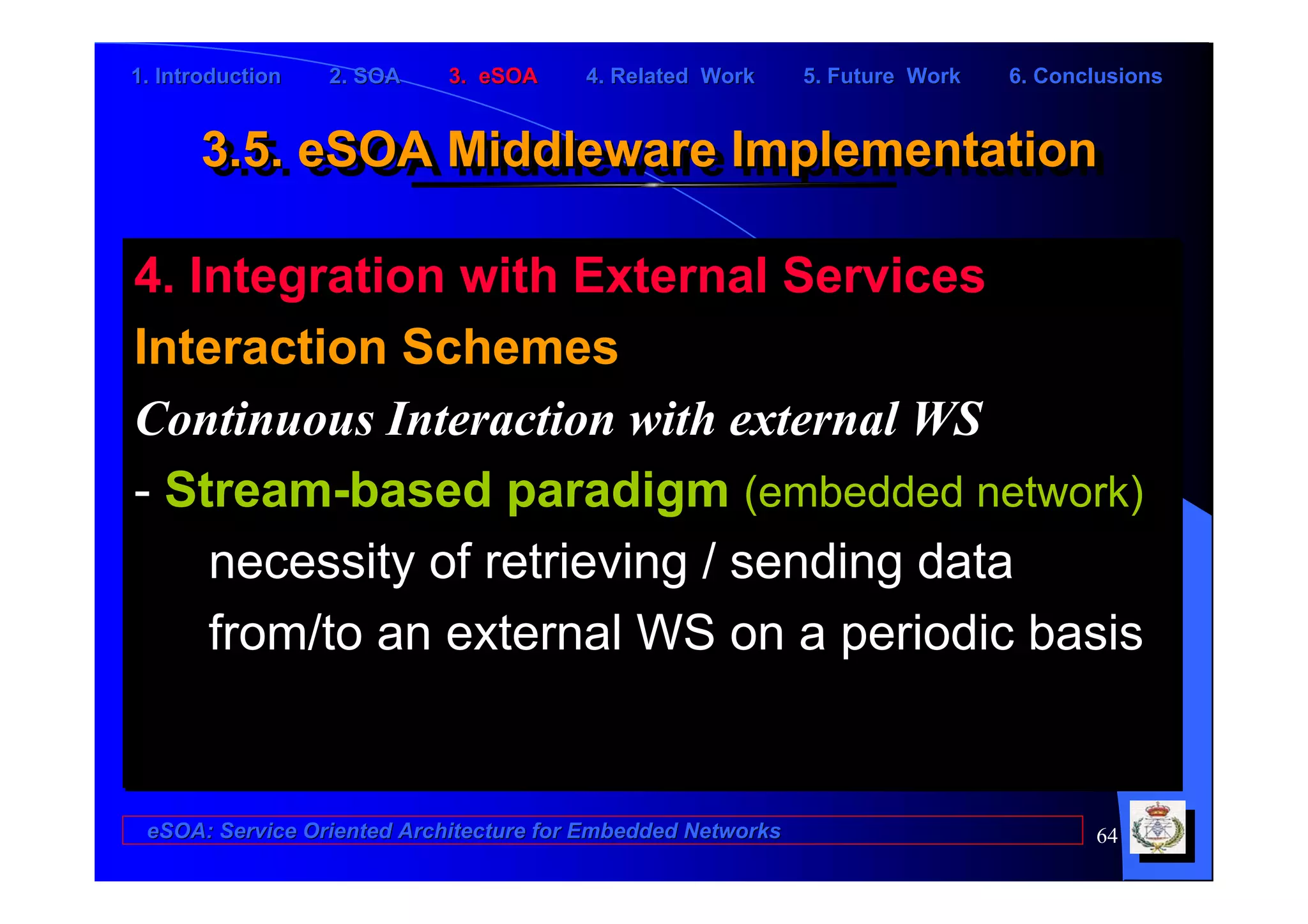 1. Introduction   2. SOA    3. eSOA     4. Related Work      5. Future Work   6. Conclusions


      3.5. eSOA Middleware Implementation
      3.5. eSOA Middleware Implementation

4. Integration with External Services
Interaction Schemes
Continuous Interaction with external WS
- Stream-based paradigm (embedded network)
    necessity of retrieving / sending data
    from/to an external WS on a periodic basis


 eSOA: Service Oriented Architecture for Embedded Networks                           64
 