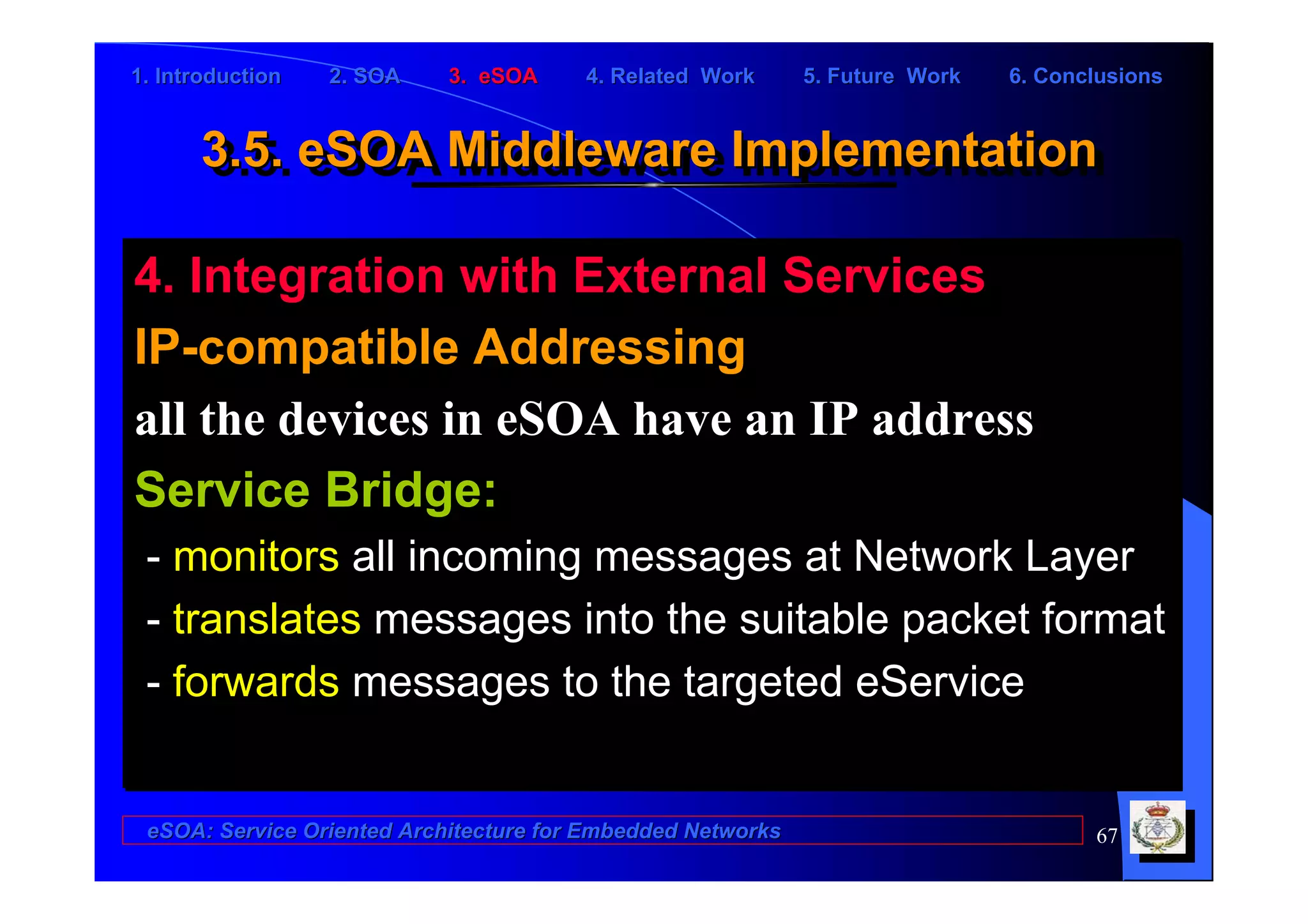 1. Introduction   2. SOA    3. eSOA     4. Related Work      5. Future Work   6. Conclusions


      3.5. eSOA Middleware Implementation
      3.5. eSOA Middleware Implementation

4. Integration with External Services
IP-compatible Addressing
all the devices in eSOA have an IP address
Service Bridge:
 - monitors all incoming messages at Network Layer
 - translates messages into the suitable packet format
 - forwards messages to the targeted eService


 eSOA: Service Oriented Architecture for Embedded Networks                           67
 