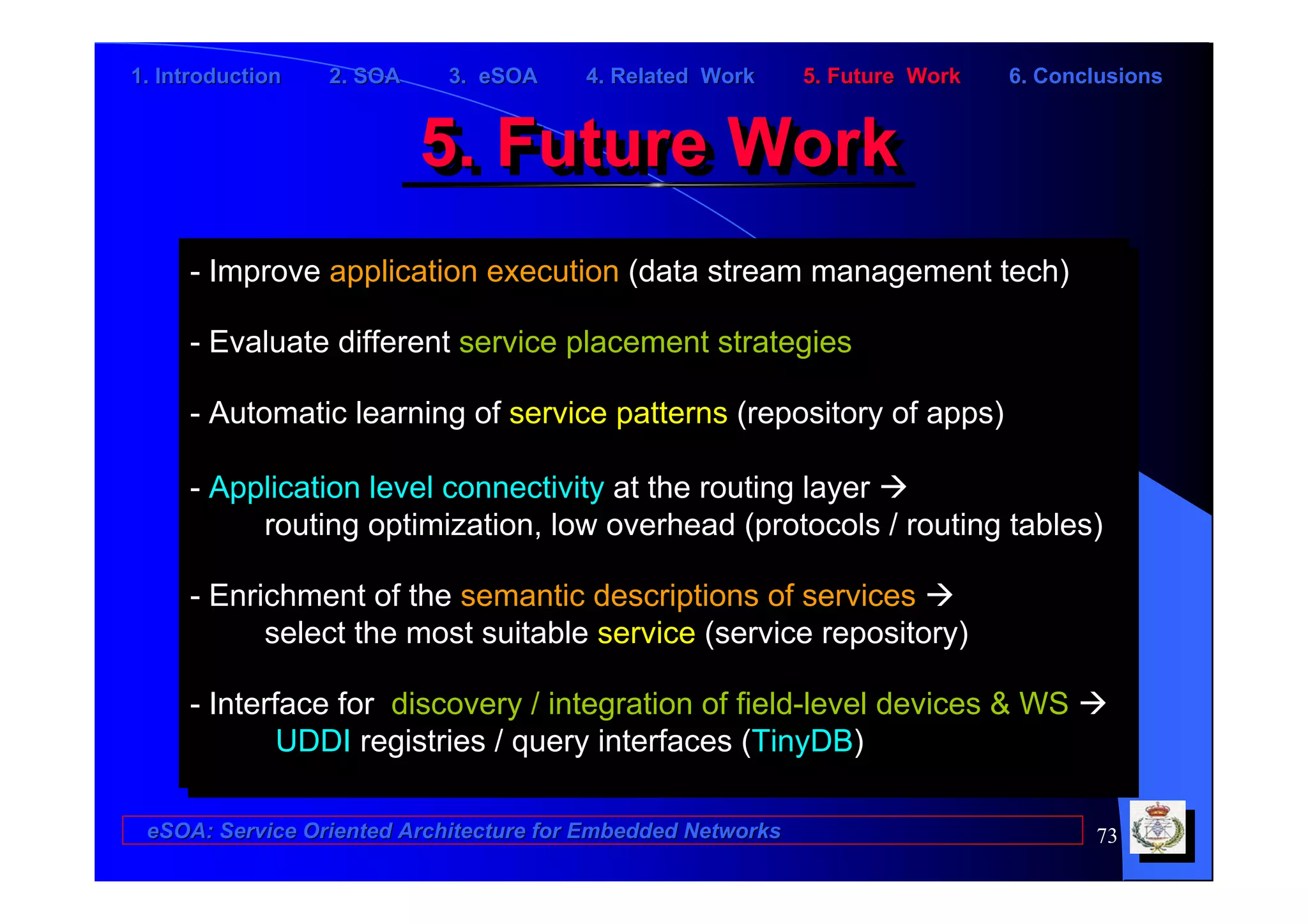1. Introduction   2. SOA    3. eSOA     4. Related Work      5. Future Work   6. Conclusions


                           5. Future Work
                           5. Future Work
     --Improve application execution (data stream management tech)
        Improve application execution (data stream management tech)
     --Evaluate different service placement strategies
       Evaluate different service placement strategies
     --Automatic learning of service patterns (repository of apps)
       Automatic learning of service patterns (repository of apps)

     --Application level connectivity at the routing layer
       Application level connectivity at the routing layer
          routing optimization, low overhead (protocols //routing tables)
           routing optimization, low overhead (protocols routing tables)
     --Enrichment of the semantic descriptions of services
       Enrichment of the semantic descriptions of services
           select the most suitable service (service repository)
            select the most suitable service (service repository)
     --Interface for discovery //integration of field-level devices & WS
        Interface for discovery integration of field-level devices & WS
             UDDI registries //query interfaces (TinyDB)
              UDDI registries query interfaces (TinyDB)

 eSOA: Service Oriented Architecture for Embedded Networks                           73
 