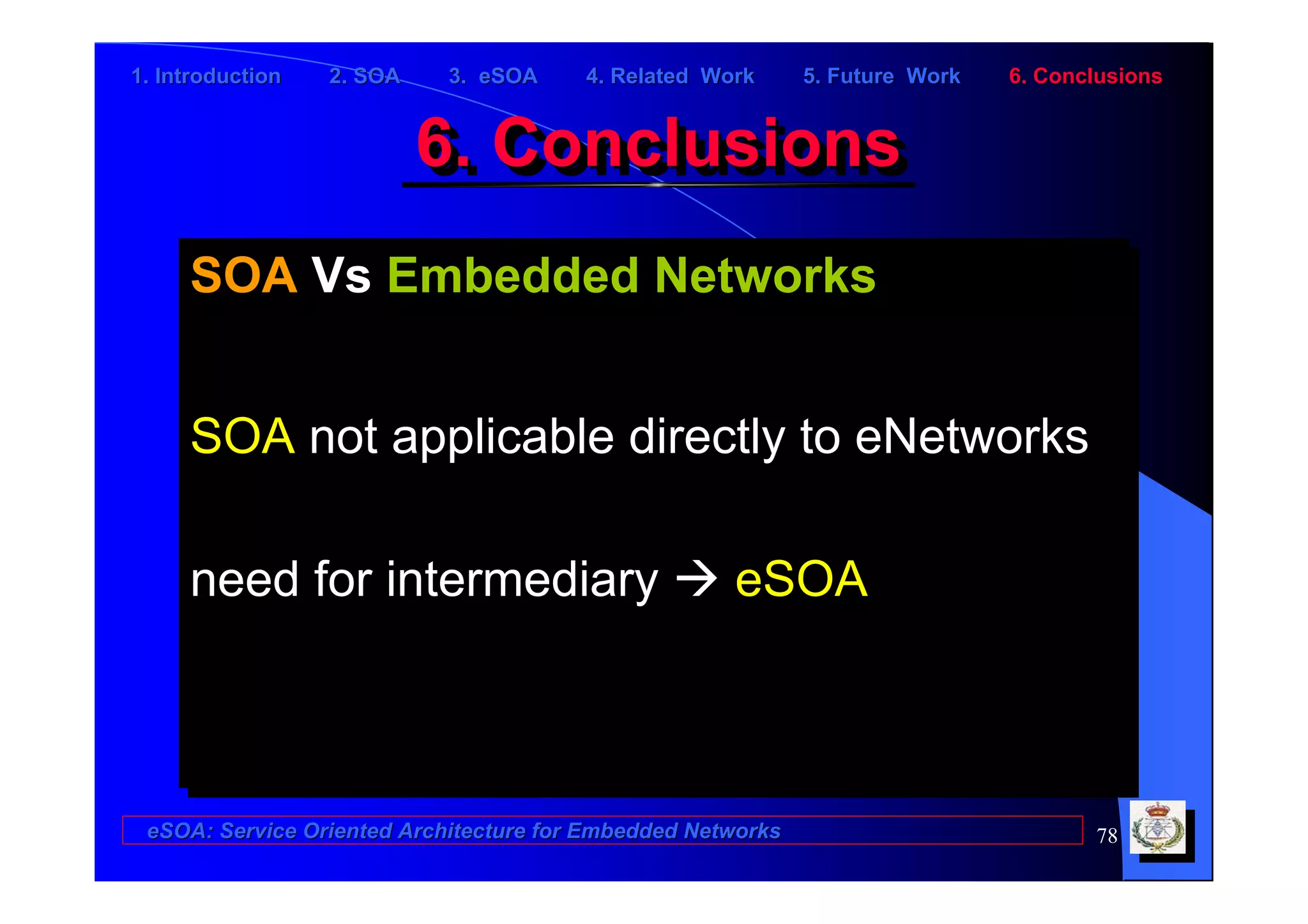 1. Introduction   2. SOA    3. eSOA     4. Related Work      5. Future Work   6. Conclusions


                           6. Conclusions
                           6. Conclusions
     SOA Vs Embedded Networks
     SOA Vs Embedded Networks


     SOA not applicable directly to eNetworks
     SOA not applicable directly to eNetworks

     need for intermediary
     need for intermediary                           eSOA
                                                     eSOA



 eSOA: Service Oriented Architecture for Embedded Networks                           78
 