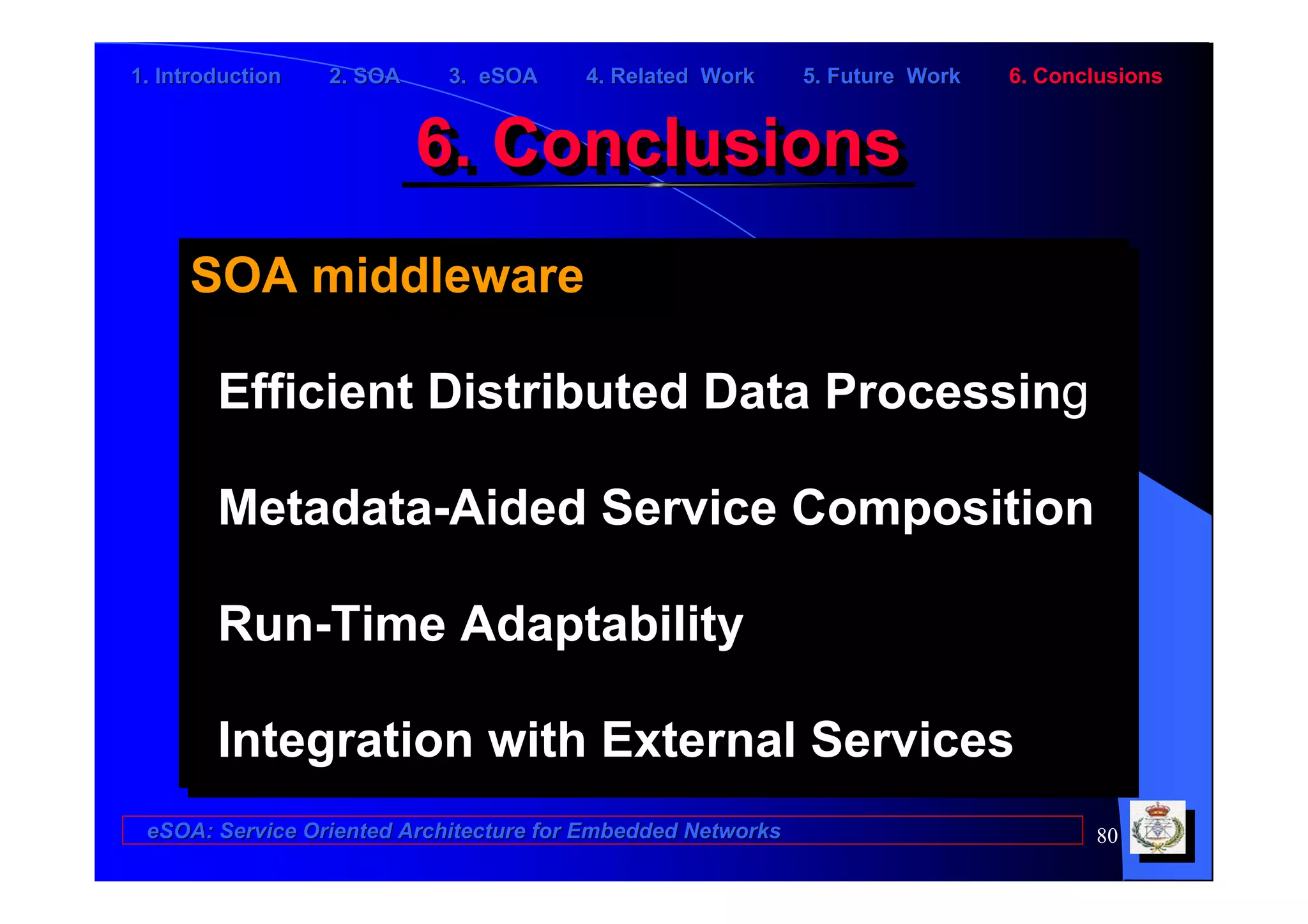1. Introduction   2. SOA    3. eSOA     4. Related Work      5. Future Work   6. Conclusions


                           6. Conclusions
                           6. Conclusions
     SOA middleware
     SOA middleware

        Efficient Distributed Data Processing
        Efficient Distributed Data Processing

        Metadata-Aided Service Composition
        Metadata-Aided Service Composition

        Run-Time Adaptability
        Run-Time Adaptability

        Integration with External Services
         Integration with External Services
 eSOA: Service Oriented Architecture for Embedded Networks                           80
 