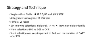 Strategy and Technique
• Single vs Dual Guide  JR 3.5/6F and XB 3.5/6F
• Antegrade vs retrograde  XTA wire
• Femoral vs radial
• 1st line wire selection : Fielder (XT-A vs XT-R) vs non-Fielder family
• Stent selection : BMS vs DES vs DCS
• Stent selection was very important to Reduced the duration of DAPT
after PCI
 
