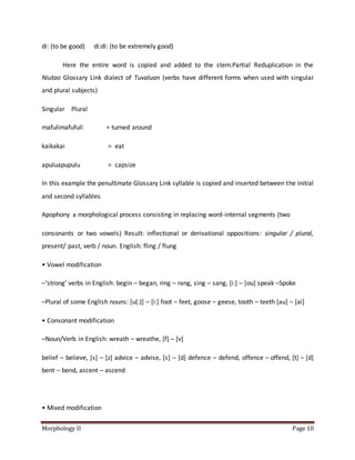 Morphology II Page 10
di: (to be good) dí:di: (to be extremely good)
Here the entire word is copied and added to the stem.Partial Reduplication in the
Niutao Glossary Link dialect of Tuvaluan (verbs have different forms when used with singular
and plural subjects)
Singular Plural
mafulimafufuli = turned around
kaikakai = eat
apuluapupulu = capsize
In this example the penultimate Glossary Link syllable is copied and inserted between the initial
and second syllables
Apophony a morphological process consisting in replacing word-internal segments (two
consonants or two vowels) Result: inflectional or derivational oppositions: singular / plural,
present/ past, verb / noun. English: fling / flung
• Vowel modification
–‘strong’ verbs in English: begin – began, ring – rang, sing – sang, [i:] – [ou] speak –Spoke
–Plural of some English nouns: [u(:)] – [i:] foot – feet, goose – geese, tooth – teeth [au] – [ai]
• Consonant modification
–Noun/Verb in English: wreath – wreathe, [f] – [v]
belief – believe, [s] – [z] advice – advise, [s] – [d] defence – defend, offence – offend, [t] – [d]
bent – bend, ascent – ascend
• Mixed modification
 