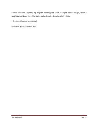 Morphology II Page 11
– more than one segment, e.g. English present/past: catch – caught, seek – sought, teach –
taught,Verb / Noun: live – life, bath –bathe, breath – breathe, cloth - clothe
• Total modification (suppletion):
go – went, good – better – best.
 