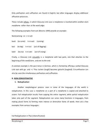 Morphology II Page 9
Only prefixation and suffixation are found in English, but other languages display additional
affixation processes.
These include infixes, in which Glossary Link case a morpheme is inserted within another stem
morpheme rather than at the word edge.
The following examples from Leti (Blevins 1999) provide an example:
Nominalizing –ni -> in Leti
kaati (to carve) k-ni-aati (carving)
kasi (to dig) k-ni-asi (act of digging)
kakri (to cry) k-ni-akri (act of crying)
Finally, a Glossary Link circumfix is a morpheme with two parts, one that attaches to the
beginning of the word/stem, and one to the end.
A common example is the past tense in German, which is formed by affixing a verbal Glossary
Link root with ge- and –t. Thus lachen (laugh) becomes gelacht (laughed). Circumfixation can
also be seen the simultaneous prefixation and suffixation.
B. NON-CONCATENATIVE
1. Reduplication
Another morphological process seen in some of the languages of the world is
reduplication. In this case a morpheme or a part of a morpheme is copied and attached to
astem. Full reduplication results from copying the entire segment, while partial reduplication
takes only part of the segment. Reduplication can serve many functions in languages, from
making plural forms to forming more intense or diminutive forms of words. Here are a few
examples from various languages:
Full Reduplication in Thai (intensification)
 