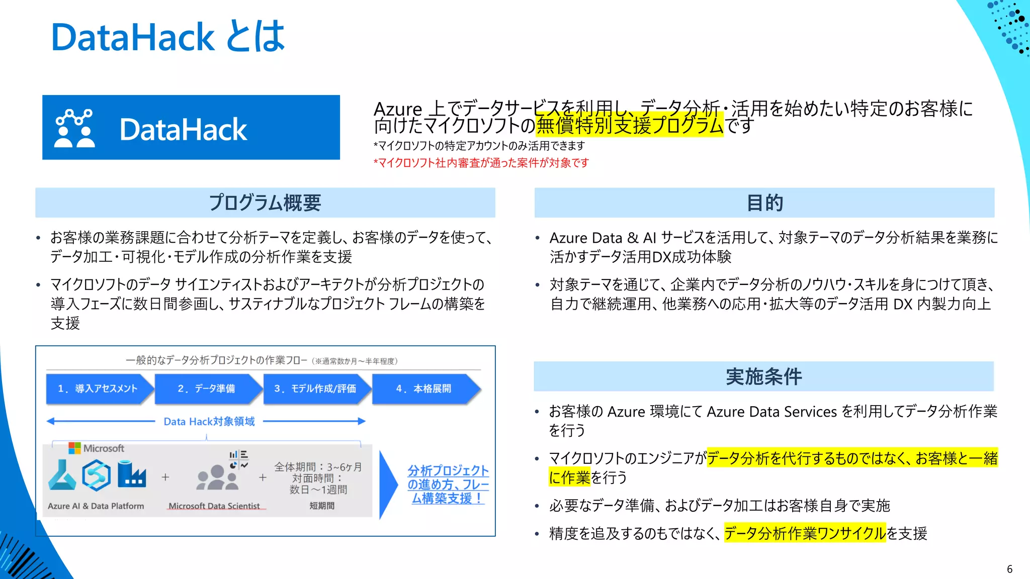 DataHack とは
6
DataHack
プログラム概要 目的
• お客様の業務課題に合わせて分析テーマを定義し、お客様のデータを使って、
データ加工・可視化・モデル作成の分析作業を支援
• マイクロソフトのデータ サイエンティストおよびアーキテクトが分析プロジェクトの
導入フェーズに数日間参画し、サスティナブルなプロジェクト フレームの構築を
支援
• Azure Data & AI サービスを活用して、対象テーマのデータ分析結果を業務に
活かすデータ活用DX成功体験
• 対象テーマを通じて、企業内でデータ分析のノウハウ・スキルを身につけて頂き、
自力で継続運用、他業務への応用・拡大等のデータ活用 DX 内製力向上
Azure 上でデータサービスを利用し、データ分析・活用を始めたい特定のお客様に
向けたマイクロソフトの無償特別支援プログラムです
*マイクロソフトの特定アカウントのみ活用できます
*マイクロソフト社内審査が通った案件が対象です
一般的なデータ分析プロジェクトの作業フロー
1.導入アセスメント 2.データ準備 3.モデル作成/評価 4.本格展開
Data Hack 対象領域
Azure AI & Data Platform Microsoft Data Scientist 短時間
+
+ 3 か月程度
分析
プロジェクト
の迅速な
アップデート
実施条件
• お客様の Azure 環境にて Azure Data Services を利用してデータ分析作業
を行う
• マイクロソフトのエンジニアがデータ分析を代行するものではなく、お客様と一緒
に作業を行う
• 必要なデータ準備、およびデータ加工はお客様自身で実施
• 精度を追及するのもではなく、データ分析作業ワンサイクルを支援
 