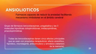 ANSIOLIOTICOS
21
Farmacos capaces de reducir la ansiedad facilitando
mecanismo inhibidores en el ámbito cerebral
Grupo de fármacos benzodiacepinas, pregabalina y las 3
moleculas hipnóticas ciclopirrolidonas, imidazopiridinas,
pirazolopirimidinas
Todas las benzodiacepinas tienen cinco efectos principales
que se usan con propósitos terapéuticos: efecto ansiolítico,
hipnótico, miorrelajante, anticonvulsivo y amnésico (deterioro
de la memoria).
 