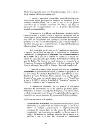 Medieval se impartirían en un nivel de explicación, (para 12 o 13 años), y
los de Moderna y Contemporánea en otro).

        El nonnato Programa de Humanidades no establecía diferencias
entre los dos niveles, pero fijaba un Programa de Historia de 1º a 4º
ordenado cronológicamente, con lo que, lo diga o no, las propias
capacidades de los alumnos conducirían “el sentido” que dirige la
explicación de los conocimientos. Ese es el criterio generalmente
aceptado y nunca discutible.

        Ciertamente, es un problema grave la sujeción cronológica de los
conocimientos en la Historia, cuando se organizan a lo largo de todo un
ciclo completo, porque, además, el conocimiento histórico se ofrece en el
aula como un conocimiento final, construido, decidido. El paradigma
contrario es el del conocimiento matemático, que no se presenta en su
estructura final, sino que se va construyendo a lo largo de todo el proceso
educativo, desde Primaria a Secundaria.

        Podríamos decir que la estructura del conocimiento matemático,
la sucesiva colocación de los pisos para la construcción del edificio del
conocimiento, se corresponde con la estructura del desarrollo evolutivo
de la mente. En el caso de la Historia, no sucede así, y aunque han
variado las cosas, de hecho, para muchos historiadores (recordemos la
idea de Tuñón: “La Historia no puede ofrecerse a rebanadas”), en
Primaria, en Secundaria, en Bachillerato y en la Universidad, si se “da”
Historia, sólo puede “darse toda” la Historia, y darse toda en cada nivel.

       La solución, a nuestro juicio, no puede estar más que en ordenar
cíclicamente los conocimientos históricos, y también los geográficos, en
los dos niveles de Educación Secundaria (idea que también ha sido
defendida por Julio Aróstegui). Porque también existe una “Geografía
descriptiva” que puede corresponderse precisamente con el Primer Ciclo,
al que la L.O.G.S.E. atribuye la calidad de “descriptivo”, dejando la
Geografía “explicativa ” para el Segundo Ciclo.

         A continuación ofrecemos, en dos gráficos, la concepción
tradicional del conocimiento en los dos ejemplos que hemos puesto,
Matemáticas e Historia. Dos esquemas lo explican, y un tercero, abajo,
señala la correspondencia con el desarrollo según la Psicología cognitiva,
en paralelo con una estructuración del conocimiento histórico en el aula.

La idea que exponemos es la siguiente:

-   El conocimiento matemático, tiene una estructura en estratos, que se
    fundamentan y se justifican en una construcción para la cual el piso
    inferior es siempre, necesariamente, e imprescindiblemente
    sustentante del superior. Pero, por ello mismo, las dificultades de
    conocimiento y de comprensión se suceden, con lo que van de lo
    simple a lo complejo en escalones sucesivos que se apoyan y se
    justifican el uno en el otro. Esta estructura del conocimiento


                            40
 