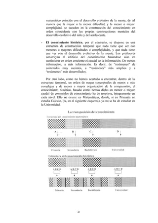 matemático coincide con el desarrollo evolutivo de la mente, de tal
    manera que la mayor o la menor dificultad, y la menor o mayor
    complejidad, se suceden en la construcción del conocimiento en
    orden coincidente con las propias construcciones mentales del
    desarrollo evolutivo del niño y del adolescente.

-   El conocimiento histórico, por el contrario, se dispone en una
    estructura de construcción temporal que nada tiene que ver con
    menores o mayores dificultades o complejidades, y que nada tiene
    que ver con el desarrollo evolutivo de la mente. Los profesores
    construyen el edificio del conocimiento basándose sólo en
    suministrar en orden creciente el caudal de la información. De menos
    información, a más información. Es decir, de “resúmenes” de
    contenidos muy sucintos, a “resúmenes” más amplios y a
    “resúmenes” más desarrollados.

    Por otro lado, como no hemos acertado a encontrar, dentro de la
estructura temporal, un orden de mapas conceptuales de menos a más
complejas y de menor a mayor organización de la comprensión, el
conocimiento histórico, basado como hemos dicho en menor o mayor
caudal de contenidos de conocimiento ha de repetirse, íntegramente en
cada nivel. Ello no ocurre en Matemáticas, donde, si en Primaria se
estudia Cálculo, (A, en el siguiente esquema), ya no se ha de estudiar en
la Universidad.




                            41
 