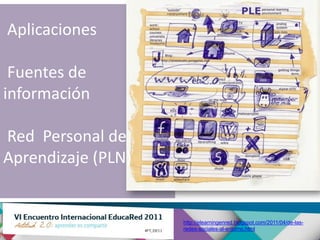 Aplicaciones

 Fuentes de
información

Red Personal de
Aprendizaje (PLN)


                    http://elearningenred.blogspot.com/2011/04/de-las-
                    redes-sociales-al-entorno.html
 