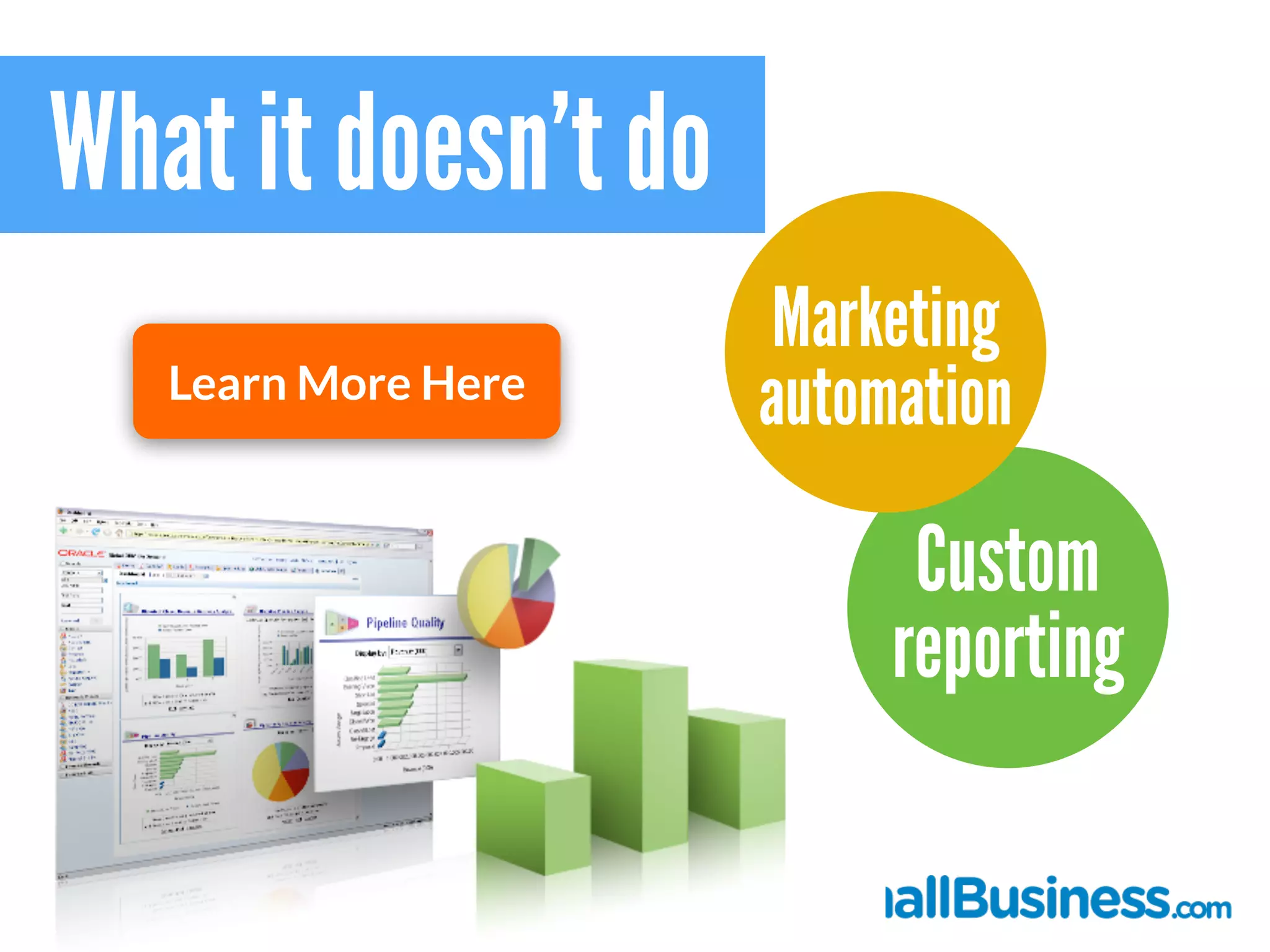 What it doesn’t do
Custom
reporting
Marketing
automationLearn More Here