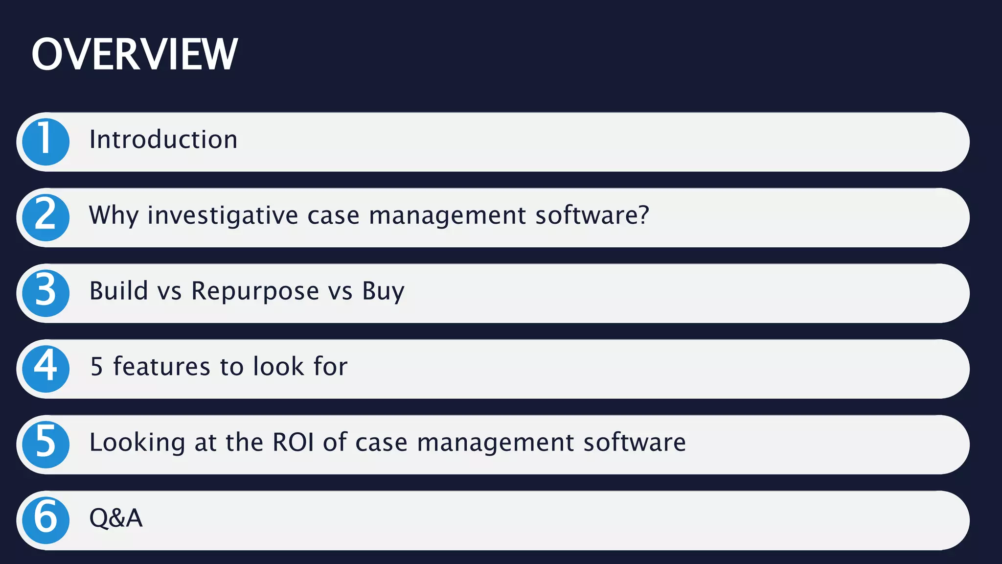 OVERVIEW
1 Introduction
2 Why investigative case management software?
3 Build vs Repurpose vs Buy
4 5 features to look for
6 Q&A
5 Looking at the ROI of case management software
 