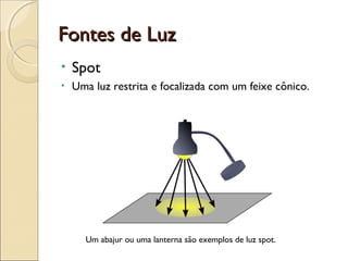 Fontes de LuzFontes de Luz
• Spot
• Uma luz restrita e focalizada com um feixe cônico.
Um abajur ou uma lanterna são exemplos de luz spot.
 