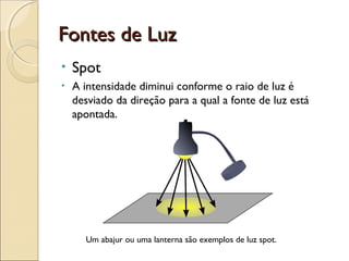 Fontes de LuzFontes de Luz
• Spot
• A intensidade diminui conforme o raio de luz é
desviado da direção para a qual a fonte de luz está
apontada.
Um abajur ou uma lanterna são exemplos de luz spot.
 