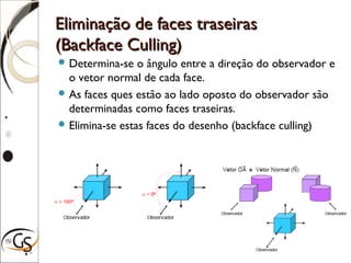 Eliminação de faces traseirasEliminação de faces traseiras
(Backface Culling)(Backface Culling)
 Determina-se o ângulo entre a direção do observador e
o vetor normal de cada face.
 As faces ques estão ao lado oposto do observador são
determinadas como faces traseiras.
 Elimina-se estas faces do desenho (backface culling)
 