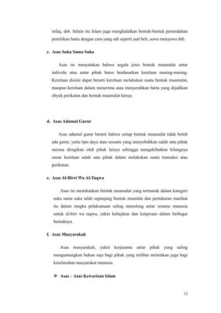 infaq, dsb. Selain itu Islam juga menghalalkan bentuk-bentuk pemindahan
pemilikan harta dengan cara yang sah seperti jual beli, sewa menyewa dsb.
c. Asas Suka Sama Suka
Asas ini menyatakan bahwa segala jenis bentuk muamalat antar
individu atau antar pihak harus berdasarkan kerelaan masing-masing.
Kerelaan disiini dapat berarti kerelaan melakukan suatu bentuk muamalat,
maupun kerelaan dalam menerima atau menyerahkan harta yang dijadikan
obyek perikatan dan bentuk muamalat lainya.
d. Asas Adamul Gurur
Asas adamul gurur berarti bahwa setiap bentuk muamalat tidak boleh
ada gurur, yaitu tipu daya atau sesuatu yang menyebabkan salah satu pihak
merasa dirugikan oleh pihak lainya sehingga mengakibatkan hilangnya
unsur kerelaan salah satu pihak dalam melakukan suatu transaksi atau
perikatan.
e. Asas Al-Birri Wa Al-Taqwa
Asas ini menekankan bentuk muamalat yang termasuk dalam kategori
suka sama suka ialah sepanjang bentuk muamlat dan pertukaran manfaat
itu dalam rangka pelaksanaan saling menolong antar sesama manusia
untuk al-birr wa taqwa, yakin kebajikan dan ketqwaan dalam berbagai
bentuknya.
f. Asas Musyarokah
Asas musyarakah, yakni kerjasama antar pihak yang saling
menguntungkan bukan saja bagi pihak yang terlibat melainkan juga bagi
keseluruhan masyarakat manusia.
 Asas – Asas Kewarisan Islam
12
 