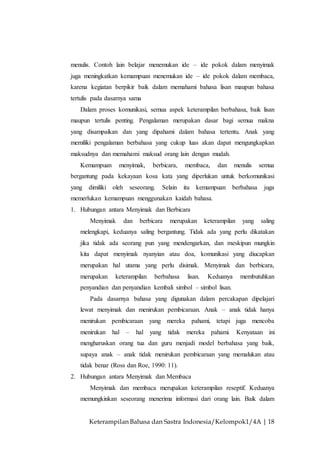 Keterampilan Bahasa dan Sastra Indonesia/Kelompok1/4A | 18
menulis. Contoh lain belajar menemukan ide – ide pokok dalam menyimak
juga meningkatkan kemampuan menemukan ide – ide pokok dalam membaca,
karena kegiatan berpikir baik dalam memahami bahasa lisan maupun bahasa
tertulis pada dasarnya sama
Dalam proses komunikasi, semua aspek keterampilan berbahasa, baik lisan
maupun tertulis penting. Pengalaman merupakan dasar bagi semua makna
yang disampaikan dan yang dipahami dalam bahasa tertentu. Anak yang
memiliki pengalaman berbahasa yang cukup luas akan dapat mengungkapkan
maksudnya dan memahami maksud orang lain dengan mudah.
Kemampuan menyimak, berbicara, membaca, dan menulis semua
bergantung pada kekayaan kosa kata yang diperlukan untuk berkomunikasi
yang dimiliki oleh seseorang. Selain itu kemampuan berbahasa juga
memerlukan kemampuan menggunakan kaidah bahasa.
1. Hubungan antara Menyimak dan Berbicara
Menyimak dan berbicara merupakan keterampilan yang saling
melengkapi, keduanya saling bergantung. Tidak ada yang perlu dikatakan
jika tidak ada seorang pun yang mendengarkan, dan meskipun mungkin
kita dapat menyimak nyanyian atau doa, komunikasi yang diucapkan
merupakan hal utama yang perlu disimak. Menyimak dan berbicara,
merupakan keterampilan berbahasa lisan. Keduanya membutuhkan
penyandian dan penyandian kembali simbol – simbol lisan.
Pada dasarnya bahasa yang digunakan dalam percakapan dipelajari
lewat menyimak dan menirukan pembicaraan. Anak – anak tidak hanya
menirukan pembicaraan yang mereka pahami, tetapi juga mencoba
menirukan hal – hal yang tidak mereka pahami. Kenyataan ini
mengharuskan orang tua dan guru menjadi model berbahasa yang baik,
supaya anak – anak tidak menirukan pembicaraan yang memalukan atau
tidak benar (Ross dan Roe, 1990: 11).
2. Hubungan antara Menyimak dan Membaca
Menyimak dan membaca merupakan keterampilan reseptif. Keduanya
memungkinkan seseorang menerima informasi dari orang lain. Baik dalam
 