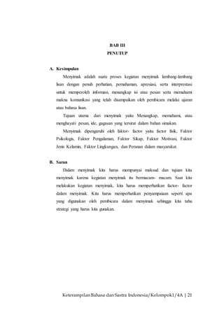 Keterampilan Bahasa dan Sastra Indonesia/Kelompok1/4A | 21
BAB III
PENUTUP
A. Kesimpulan
Menyimak adalah suatu proses kegiatan menyimak lambang-lambang
lisan dengan penuh perhatian, pemahaman, apresiasi, serta interprestasi
untuk memperoleh informasi, menangkap isi atau pesan serta memahami
makna komunikasi yang telah disampaikan oleh pembicara melalui ujaran
atau bahasa lisan.
Tujuan utama dari menyimak yaitu Menangkap, memahami, atau
menghayati pesan, ide, gagasan yang tersirat dalam bahan simakan.
Menyimak dipengaruhi oleh faktor- factor yaitu factor fisik, Faktor
Psikologis, Faktor Pengalaman, Faktor Sikap, Faktor Motivasi, Faktor
Jenis Kelamin, Faktor Lingkungan, dan Peranan dalam masyarakat.
B. Saran
Dalam menyimak kita harus mempunyai maksud dan tujuan kita
menyimak karena kegiatan menyimak itu bermacam- macam. Saat kita
melakukan kegiatan menyimak, kita harus memperhatikan factor- factor
dalam menyimak. Kita harus memperhatikan penyampaiaan seperti apa
yang digunakan oleh pembicara dalam menyimak sehingga kita tahu
strategi yang harus kita gunakan.
 