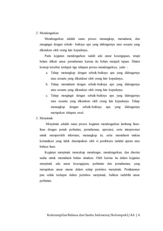 Keterampilan Bahasa dan Sastra Indonesia/Kelompok1/4A | 4
2. Mendengarkan
Mendengarkan adalah suatu proses menangkap, memahami, dan
mengingat dengan sebaik- baiknya apa yang didengarnya atau sesuatu yang
dikatakan oleh orang lain kepadanya.
Pada kegiatan mendengarkan sudah ada unsur kesengajaan, tetapi
belum diikuti unsur pemahaman karena itu belum menjadi tujuan. Dalam
konsep tersebut terdapat tiga tahapan proses mendengarkan, yaitu :
a. Tahap menangkap dengan sebaik-baiknya apa yang didengarnya
atau sesuatu yang dikatakan oleh orang lain kepadanya.
b. Tahap memahami dengan sebaik-baiknya apa yang didengarnya
atau sesuatu yang dikatakan oleh orang lain kepadanya.
c. Tahap mengingat dengan sebaik-baiknya apa yang didengarnya
atau sesuatu yang dikatakan oleh orang lain kepadanya. Tahap
menangkap dengan sebaik-baiknya apa yang didengarnya
merupakan tahapan awal.
3. Menyimak
Menyimak adalah suatu proses kegiatan mendengarkan lambang lisan-
lisan dengan penuh perhatian, pemahaman, apresiasi, serta interprestasi
untuk memperoleh informasi, menangkap isi, serta memahami makna
komunikasi yang tidak disampaikan oleh si pembicara melalui ujaran atau
bahasa lisan.
Kegiatan menyimak mencakup mendengar, mendengarkan, dan disertai
usaha untuk memahami bahan simakan. Oleh karena itu dalam kegiatan
menyimak ada unsur kesengajaan, perhatian dan pemahaman, yang
merupakan unsur utama dalam setiap peristiwa menyimak. Penilaiannya
pun selalu terdapat dalam peristiwa menyimak, bahkan melebihi unsur
perhatian.
 