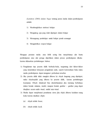 10
(Latuheru (2005) dalam Yoga) tentang peran media dalam pembelajaran
adalah:
1) Membangkitkan motivasi belajar
2) Mengulang apa yang telah dipelajari dalam belajar
3) Merangsang pembelajar untuk belajar penuh semangat
4) Mengaktifkan respon belajar
Mengapa peranan media atau lebih sering kita menyebutnya alat bantu
pembelajaran atau alat peraga diperlukan dalam proses pembelajaran dikelas
karena didasarkan pertimbangan bahwa:
1) Pengalaman tiap peserta didik berbeda-beda, tergantung dari faktor-faktor
yang menentukan kekayaan pengalaman anak, seperti ketersediaan buku maka
media pembelajaran dapat mengatasi perbedaan tersebut.
2) Jika peserta didik tidak mungkin dibawa ke obyek langsung yang dipelajari,
maka obyeknyalah yang dibawa ke peserta didik, karena pertimbangan
keamanan. Obyek dimaksud bisa disederhanakan jika memang berbahaya
dalam bentuk miniatur, model, maupun bentuk gambar – gambar yang dapat
disajikan secara audio visual, audial atau visual.
3) Media dapat menjebatani pemahama siswa jika objek dibawa kedalam ruang
kelas karena misalkan objek:
(a) obyek terlalu besar;
(b) obyek terlalu kecil;
 